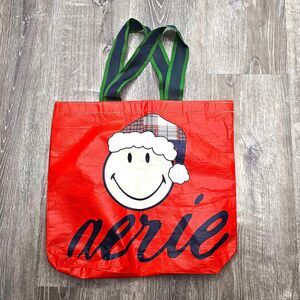 Aerie Holiday Smiley Face Red Plaid Santa Hat Tote Bag 20x18x4 Reusable